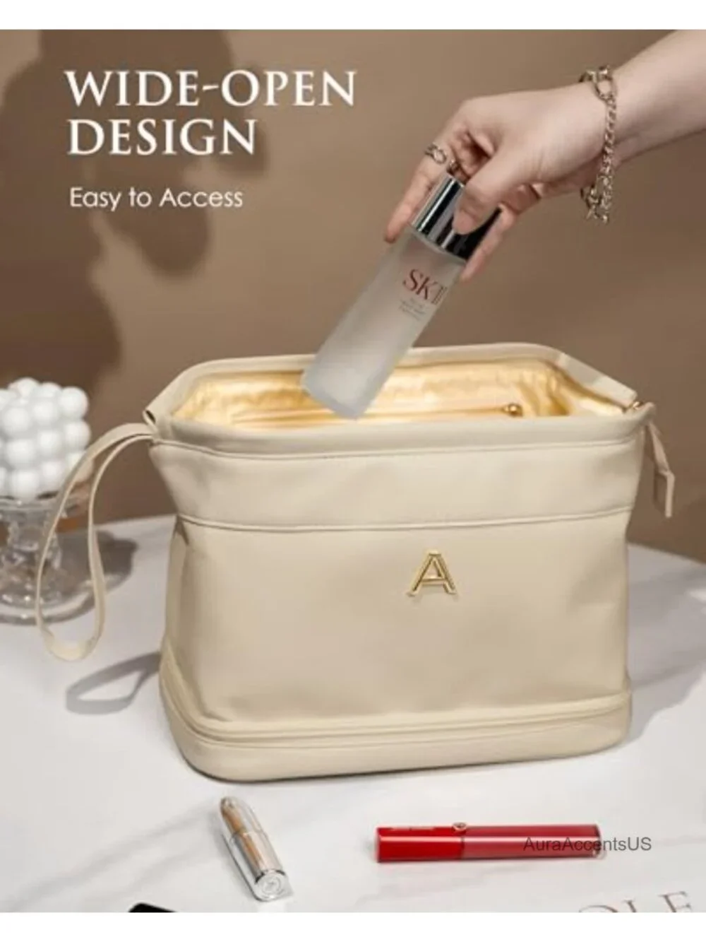 Double Layer PU Leather Makeup Bag Travel Toiletry Case with Handle